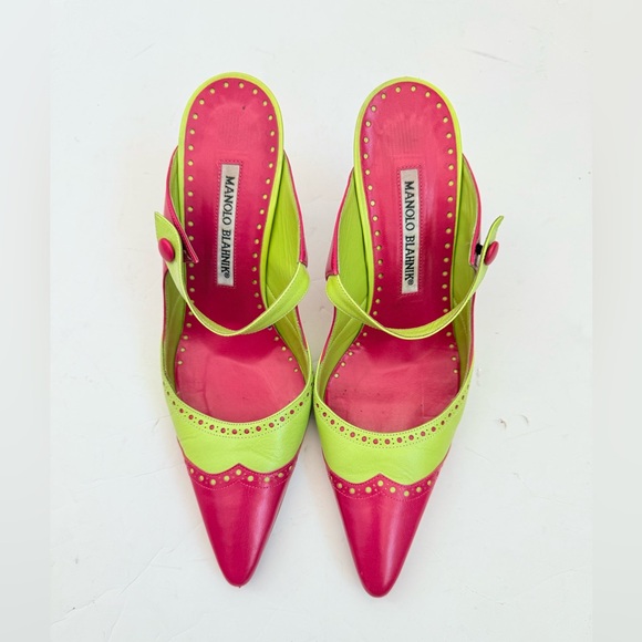 Manolo Blahnik Vintage Lime Pink Wingtip Mary Jane Pointed Toe heel mules EU 37 - Picture 2 of 10